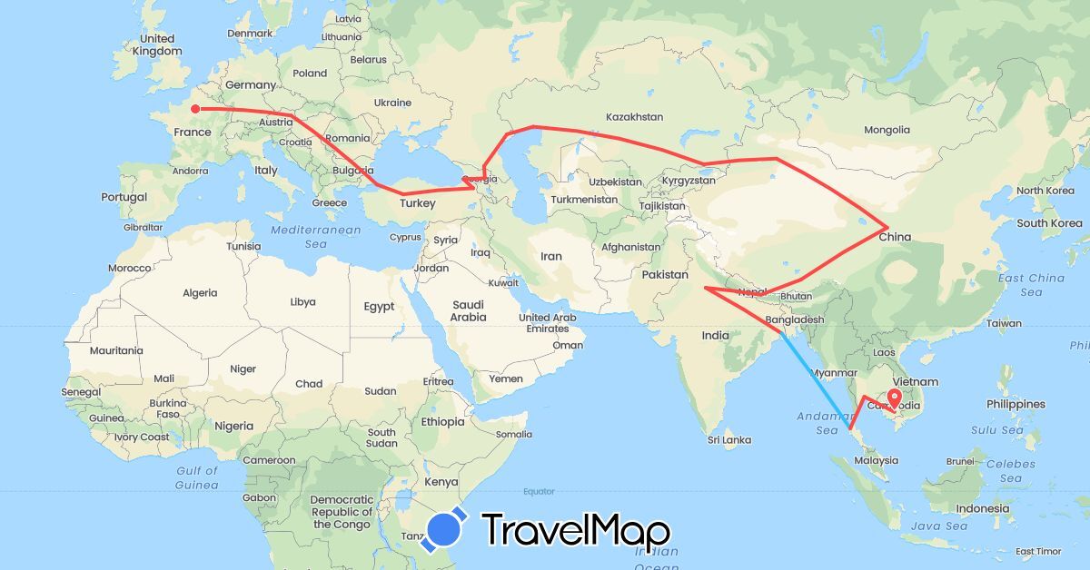 TravelMap itinerary: driving, hiking, boat in Austria, China, France, Georgia, India, Cambodia, Kazakhstan, Nepal, Russia, Thailand, Turkey (Asia, Europe)